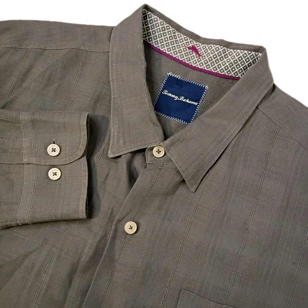 Tommy Bahama‎ Shirt Mens XXL Gray Linen Blend Long Sleeve Button Up Pocket